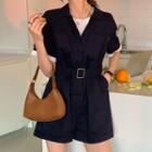Short-sleeve Collared Belted Romper Dark Blue - One Size