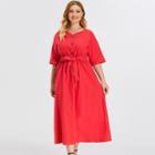 Plus Size Elbow-sleeve Sashed Midi A-line Dress