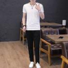 Set: Short-sleeve Contrast-trim T-shirt + Sweat Pants