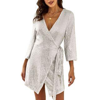 Tie Waist Sequined 3/4-sleeve Dress