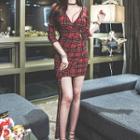 3/4-sleeve Asymmetric Plaid Mini Bodycon Dress
