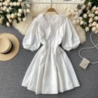 Embroidered Lapel Puff-sleeve Dress