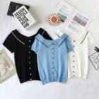 Short-sleeve Collared Buttoned Knit Top