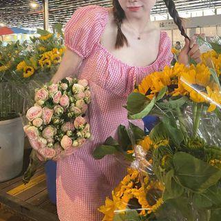 Short-sleeve Gingham A-line Dress Pink - One Size