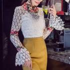 Long-sleeve Floral Panel Perforated Top