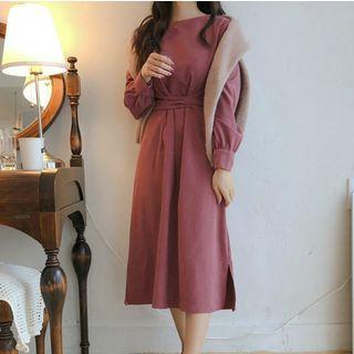 Long-sleeve Tie-waist Midi A-line Corduroy Dress