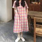 Plaid Short-sleeve Midi Shirt Dress As Shown In Figure - One Size
