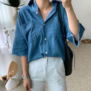Pocket-front 3/4-sleeve Denim Shirt