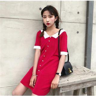 Color-block Peter-pan Collar Slim-fit Short-sleeve Dress