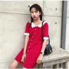 Color-block Peter-pan Collar Slim-fit Short-sleeve Dress