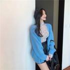 Plain Cardigan / Floral Print Mock-neck Knit Top