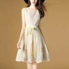 Sleeveless Tie-waist Crewneck Chiffon A-line Dress