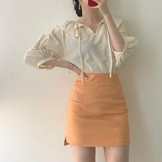 Ruffle-trim Drawstring Elbow Sleeve Blouse / High-waist A-line Skirt