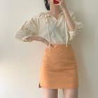 Ruffle-trim Drawstring Elbow Sleeve Blouse / High-waist A-line Skirt