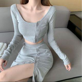 Set: Long Sleeve U-neck Crop Top + Single Breasted Slit Skirt