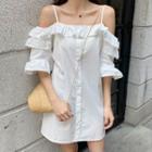 3/4-sleeve Cold Shoulder A-line Dress White - One Size