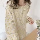 Long-sleeve Floral Sleep Dress Yellow Floral - White - One Size