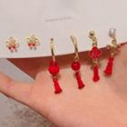 Set Of 3 Pairs: Floral Drop Earring Red - One Size