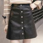 Faux Leather Buttoned A-line Skirt