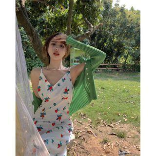 Spaghetti Strap Floral A-line Dress Red & Green & White - One Size