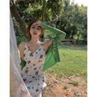 Spaghetti Strap Floral A-line Dress Red & Green & White - One Size