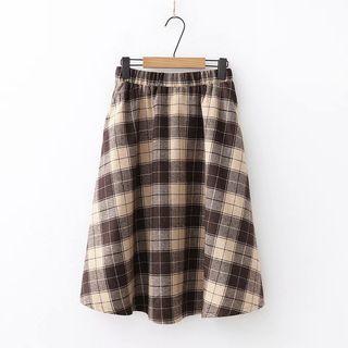 Elastic-waist Checked Midi Skirt Coffee - One Size