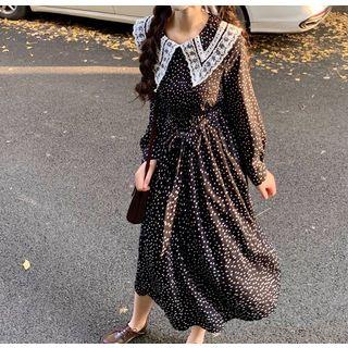 Dotted Lace-trim Midi A-line Dress Black - One Size
