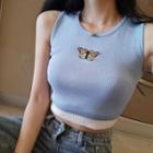 Sleeveless Contrast Trim Butterfly Embroidered Knit Top