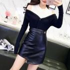 Cold Shoulder Long-sleeve Knit Top / Faux-leather A-line Skirt