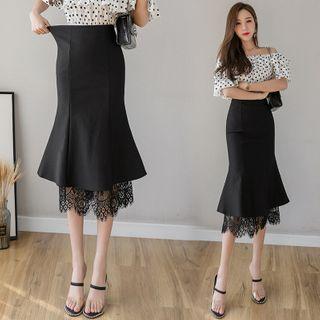 Lace Panel Ruffle Hem Midi Pencil Skirt