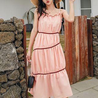 Spaghetti Strap Frill Trim Asymmetric A-line Midi Dress