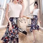 Set: Sleeveless Frill Trim Top + Floral Print Irregular A-line Skirt
