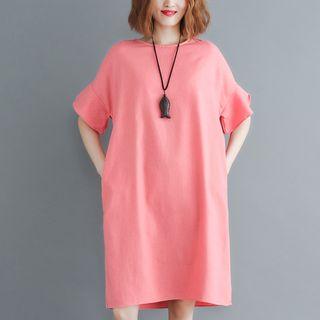 Plain Short-sleeve Crewneck A-line Dress Watermelon Red - One Size