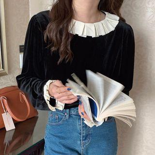 Long-sleeve Frill Trim Velvet T-shirt Black - One Size