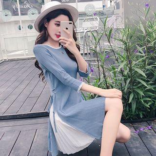 Elbow-sleeve Pleated Panel Mini A-line Knit Dress