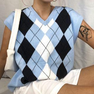 V-neck Argyle Sweater Vest Blue - One Size