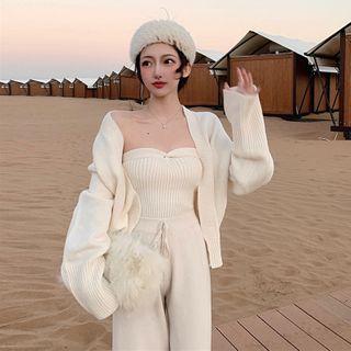 Plain Knit Tube Top / Cardigan / Knit Wide-leg Pants