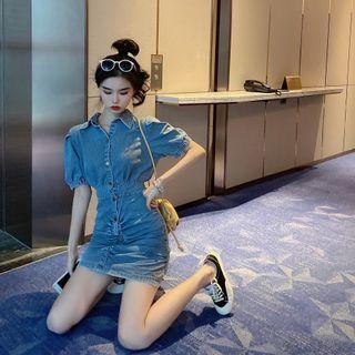 Puff-sleeve Denim Mini Sheath Shirtdress