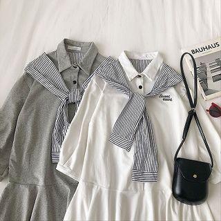 Mock Two-piece Lettering Embroidered Ruffled-trim Long-sleeve Dress