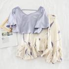 Set: V-neck T-shirt + Printed High-waist Chiffon Skirt