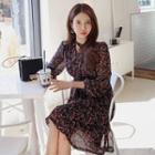 Floral Patterned A-line Chiffon Shirt Dress With Scarf