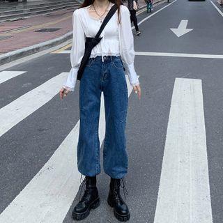 Long-sleeve Blouse / Bungee Cord Wide-leg Jeans