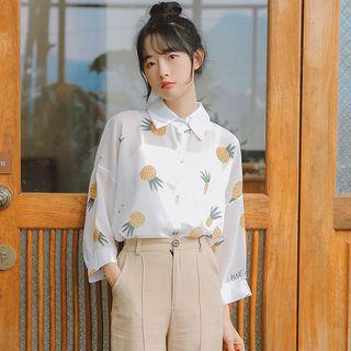 Pineapple Printed Long-sleeve Chiffon Blouse