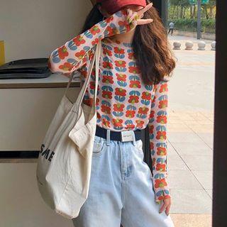 Long-sleeve Floral Print Mesh Top As Shown In Figure - One Size