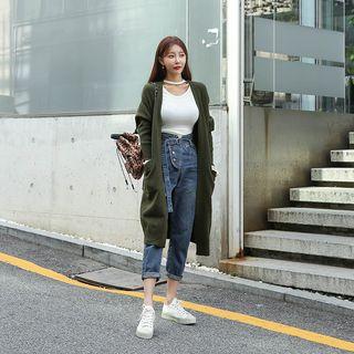 Dual-pocket Open Knit Long Cardigan