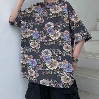 Asymmetrical Floral Print Elbow Sleeve Top