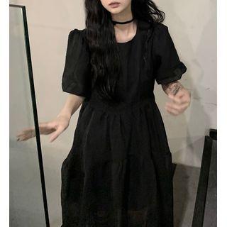 Puff-sleeve Square-neck A-line Dress Black - One Size