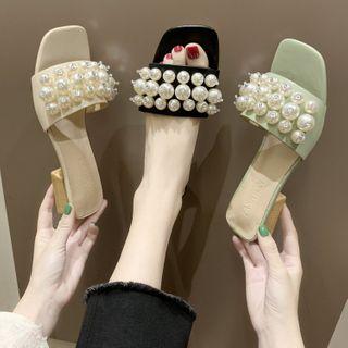 Block Heel Faux Pearl Slide Sandals