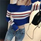 Color-block Striped Long-sleeve Slim-fit Knit Top Blue - One Size