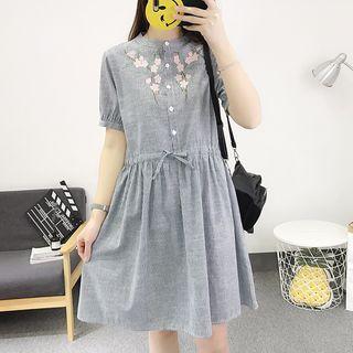 Flower Embroidered Striped Short Sleeve Dress